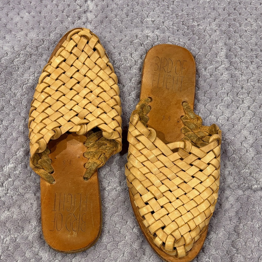 Women's Tan Woven Flats, leather upper and soles